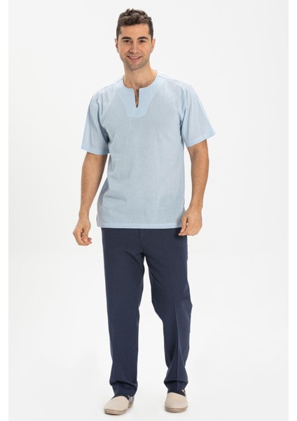 Kısa Kol Şile Bezi Bisiklet Yaka Erkek T-Shirt Buz Mavi