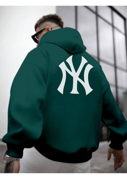 Erkek Ön Arka Ny Baskılı Kapüşonlu Sweatshirt