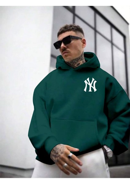 Erkek Ön Arka Ny Baskılı Kapüşonlu Sweatshirt modelleri