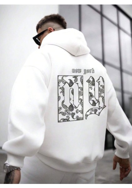 Erkek Beyaz Sırt Ny Baskılı Kapüşonlu Sweatshirt