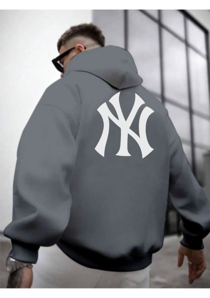 Erkek Ön Arka Ny Baskılı Kapüşonlu Sweatshirt