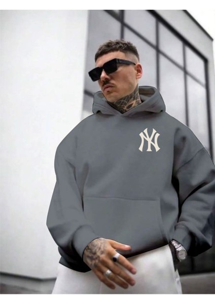 Erkek Ön Arka Ny Baskılı Kapüşonlu Sweatshirt modelleri