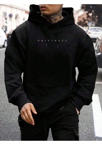 Erkek Siyah Originals Baskılı Oversize Kapşonlu Sweatshirt