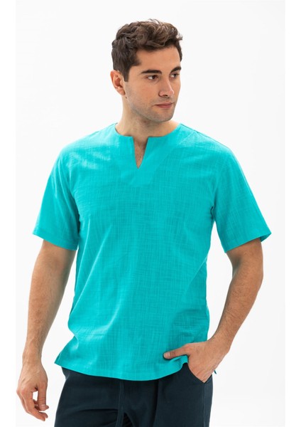 Kısa Kol Şile Bezi Bisiklet Yaka Erkek T-Shirt Turkuaz