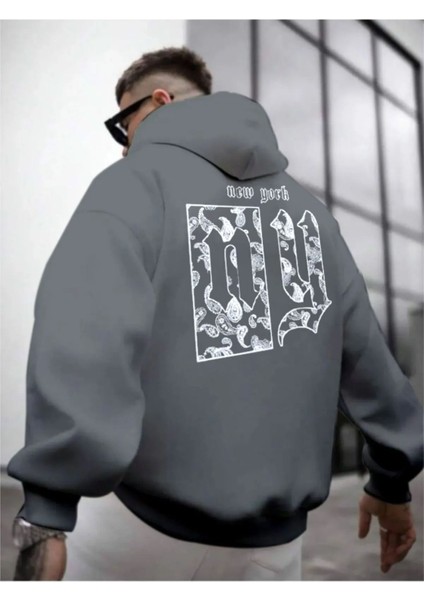 Erkek Sırt Ny Baskılı Kapüşonlu Sweatshirt