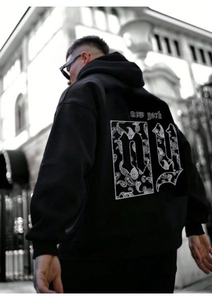 Erkek Siyah Sırt Ny Baskılı Kapüşonlu Sweatshirt