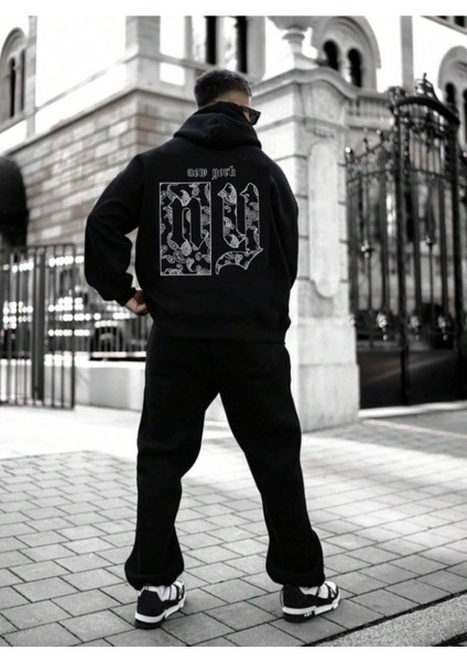 Erkek Siyah Sırt Ny Baskılı Kapüşonlu Sweatshirt