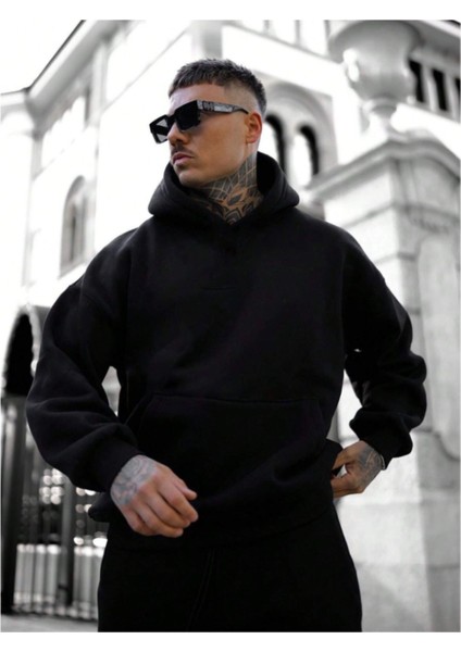 Erkek Siyah Sırt Ny Baskılı Kapüşonlu Sweatshirt