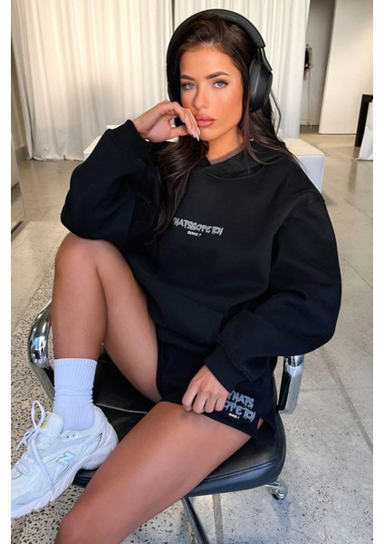 Kadın Thatssofetch Baskılı Oversize Kapşonlu Sweatshirt