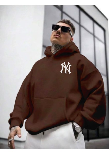 Erkek Ön Arka Ny Baskılı Kapüşonlu Sweatshirt