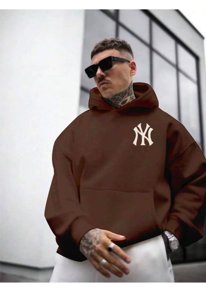 Erkek Ön Arka Ny Baskılı Kapüşonlu Sweatshirt