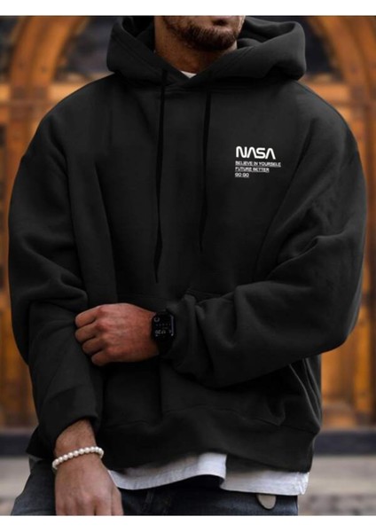 Erkek Nasa Yazı Detay Baskılı Kapüşonlu Sweatshirt