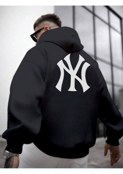 Erkek Ön Arka Ny Baskılı Kapüşonlu Sweatshirt