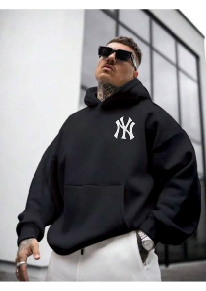Erkek Ön Arka Ny Baskılı Kapüşonlu Sweatshirt