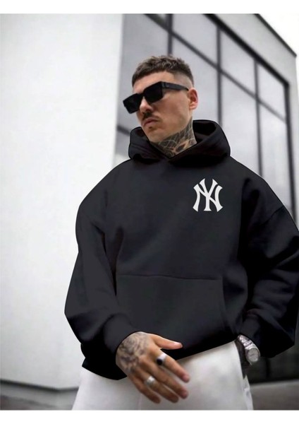 Erkek Ön Arka Ny Baskılı Kapüşonlu Sweatshirt