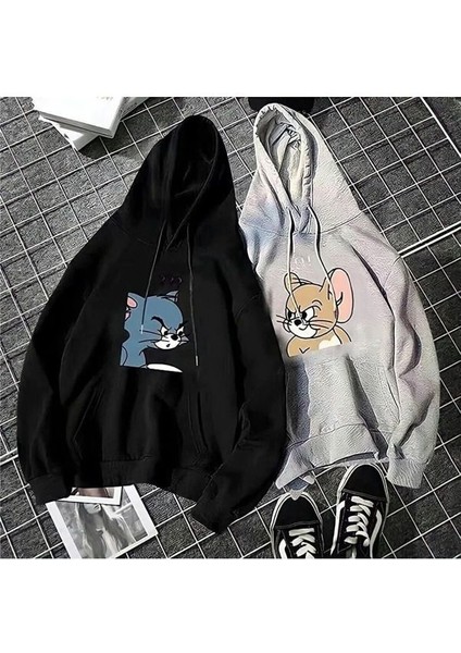 Unisex 2li Siyah Gri Tom ve Jery Baskılı Oversize Kapüşonlu Sweatshirt