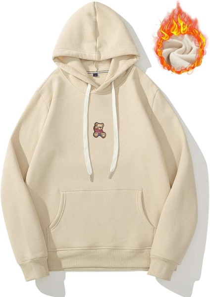 Unisex Bej Ayıcık Baskılı Oversize Kapşonlu Sweatshirt