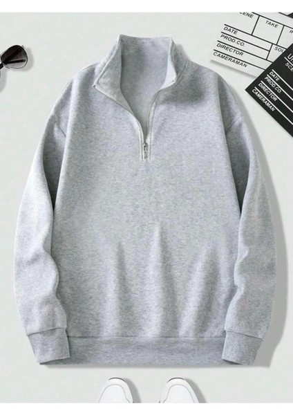 Unisex Dik Yaka Yarım Fermuarlı Oversize Sweatshirt
