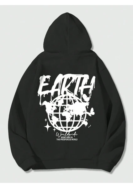 Unisex Earth Baskılı Kapüşonlu Sweatshirt