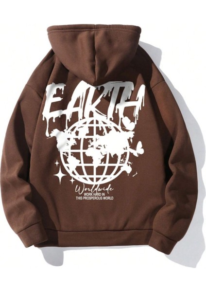 Unisex Earth Baskılı Kapüşonlu Sweatshirt