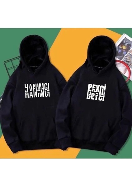 Unisex 2'li Siyah Hanımcı ve Beyci Baskılı Oversize Kapşonlu Sweatshirt