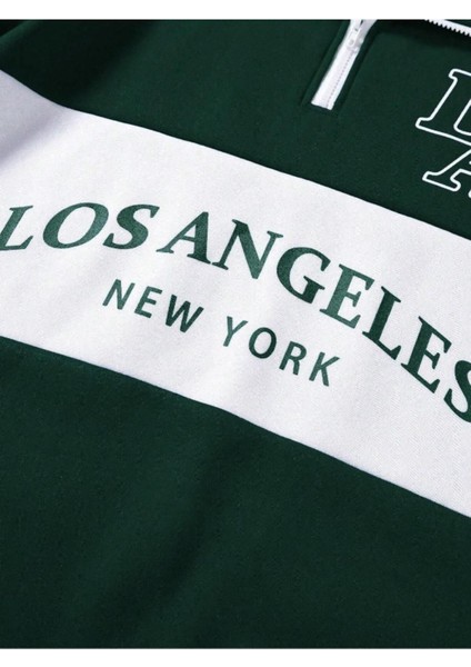 Unisex Yeşil Los Angeles Baskılı Oversize Parçalı Polo Yaka Fermuarlı Sweatshirt modelleri
