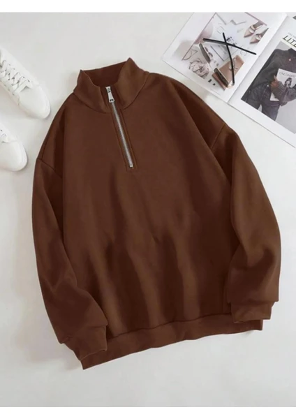 Unisex Dik Yaka Yarım Fermuarlı Oversize Sweatshirt