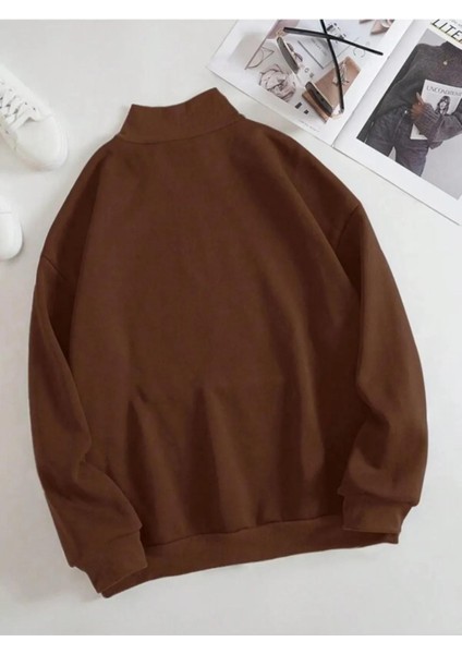 Unisex Dik Yaka Yarım Fermuarlı Oversize Sweatshirt