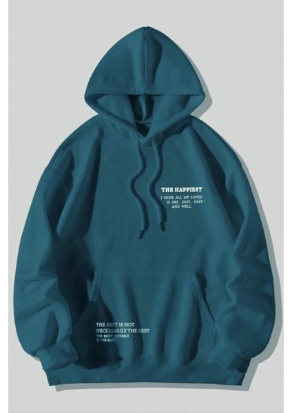 Unisex Happiest Baskılı Oversize Kapşonlu Sweatshirt