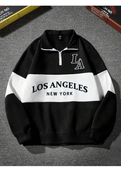 Unisex Siyah Los Angeles Baskılı Oversize Parçalı Polo Yaka Fermuarlı Sweatshirt