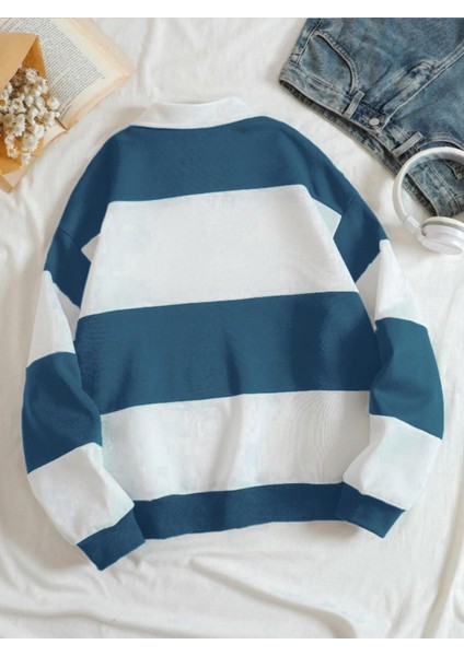 Unisex Çizgili Oversize Polo Yaka Yarım Fermuarlı Sweatshirt