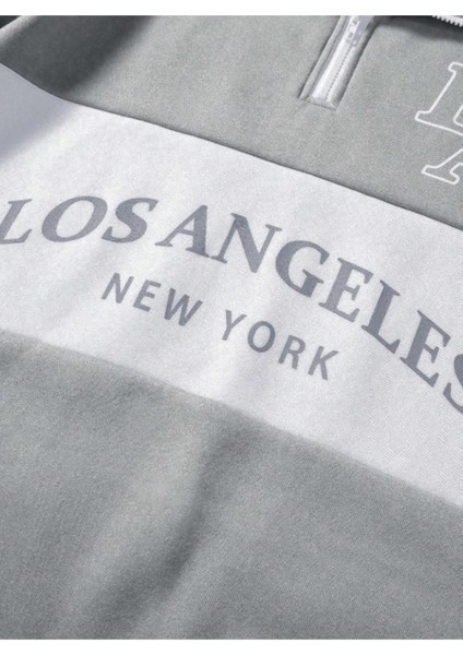 Unisex Duman Gri Los Angeles Baskılı Oversize Parçalı Polo Yaka Fermuarlı Sweatshirt modelleri