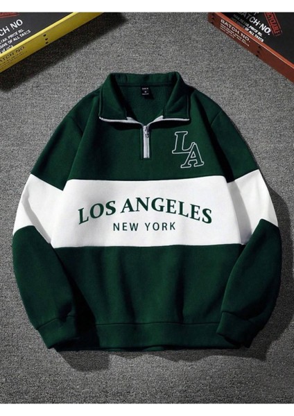 Unisex Yeşil Los Angeles Baskılı Oversize Parçalı Polo Yaka Fermuarlı Sweatshirt