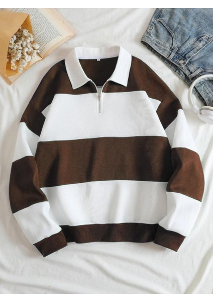 Unisex Kahverengi Çizgili Oversize Polo Yaka Yarım Fermuarlı Sweatshirt