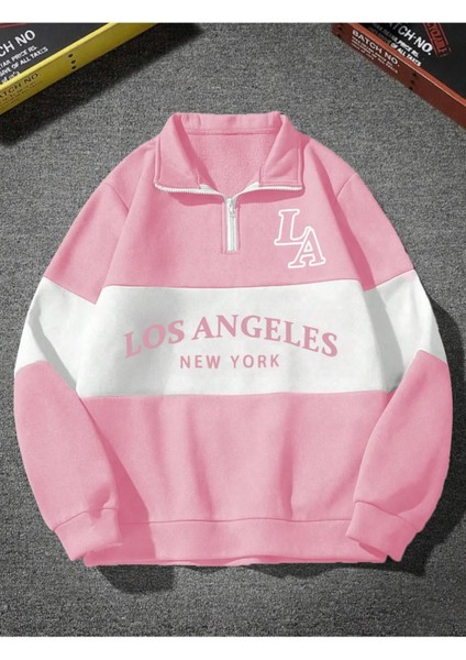 Unisex Pembe Los Angeles Baskılı Oversize Parçalı Polo Yaka Fermuarlı Sweatshirt