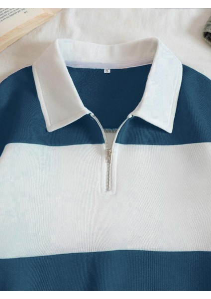 Unisex Çizgili Oversize Polo Yaka Yarım Fermuarlı Sweatshirt modelleri