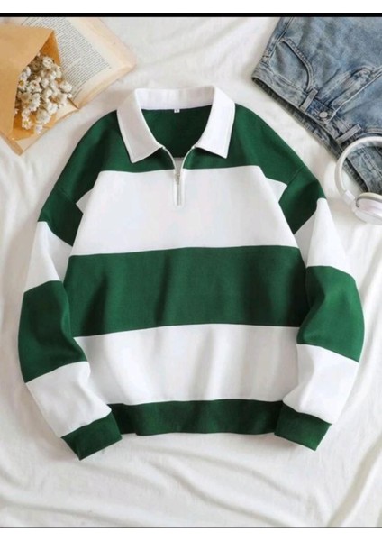 Unisex Çizgili Oversize Polo Yaka Yarım Fermuarlı Sweatshirt