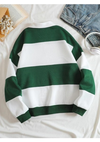 Unisex Çizgili Oversize Polo Yaka Yarım Fermuarlı Sweatshirt