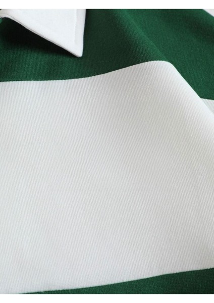 Unisex Çizgili Oversize Polo Yaka Yarım Fermuarlı Sweatshirt