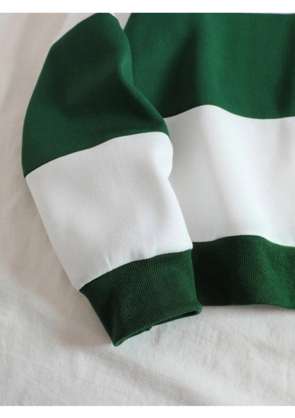 Unisex Çizgili Oversize Polo Yaka Yarım Fermuarlı Sweatshirt