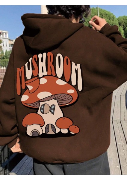 Unisex Kahverengi Mushroom Baskı Kapüşonlu Sweatshirt