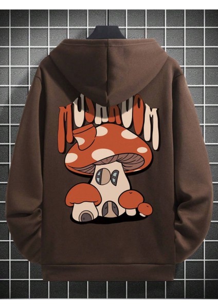 Unisex Kahverengi Mushroom Baskı Kapüşonlu Sweatshirt