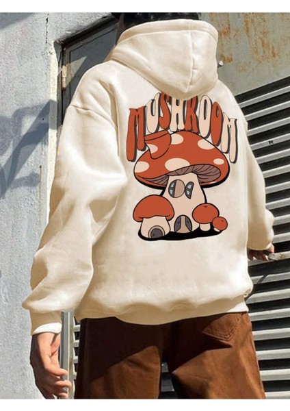 Unisex Bej Mushroom Baskı Kapüşonlu Sweatshirt