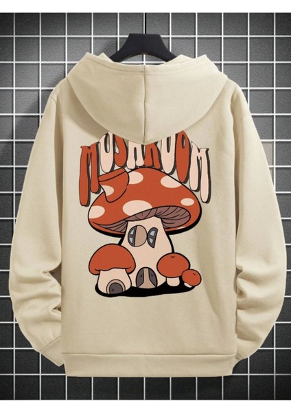 Unisex Bej Mushroom Baskı Kapüşonlu Sweatshirt