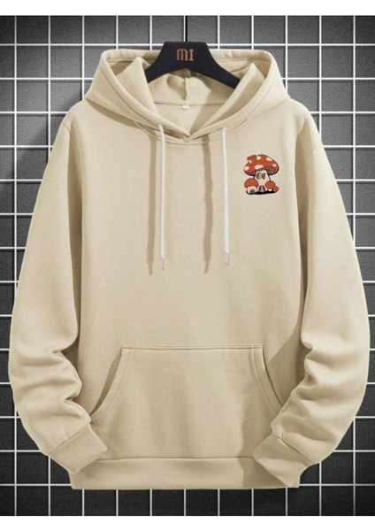 Unisex Bej Mushroom Baskı Kapüşonlu Sweatshirt