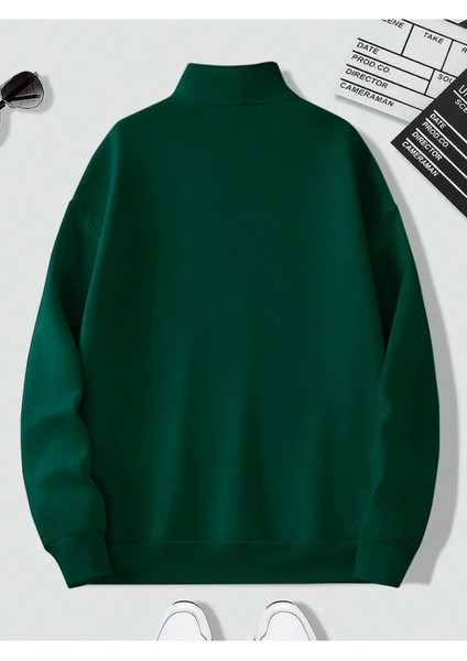 Unisex Dik Yaka Yarım Fermuarlı Oversize Sweatshirt