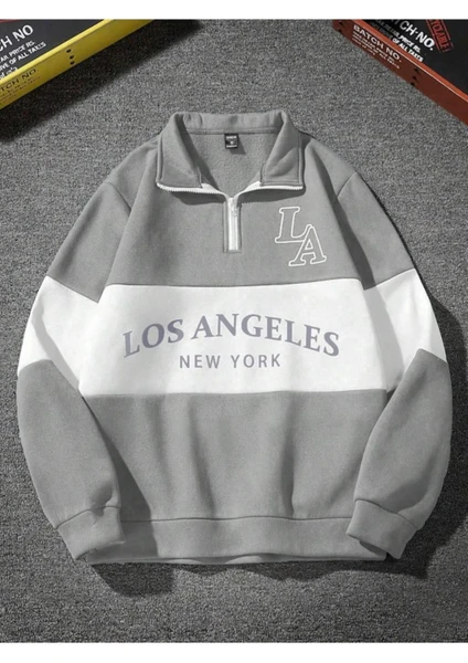 Unisex Duman Gri Los Angeles Baskılı Oversize Parçalı Polo Yaka Fermuarlı Sweatshirt