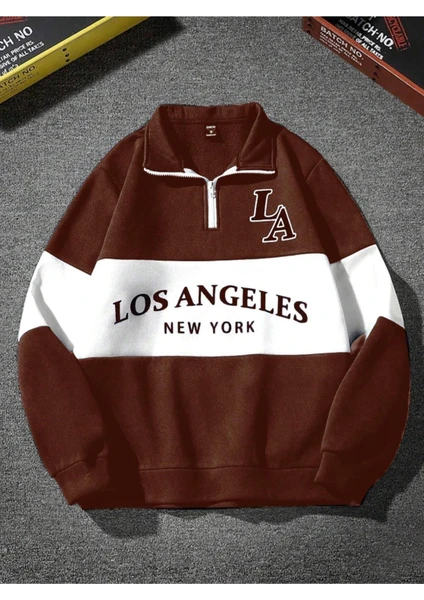 Unisex Kahverengi Los Angeles Baskılı Oversize Parçalı Polo Yaka Fermuarlı Sweatshirt