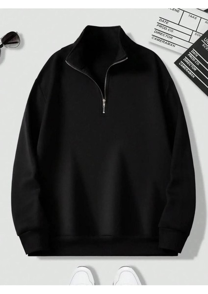 Unisex Dik Yaka Yarım Fermuarlı Oversize Sweatshirt