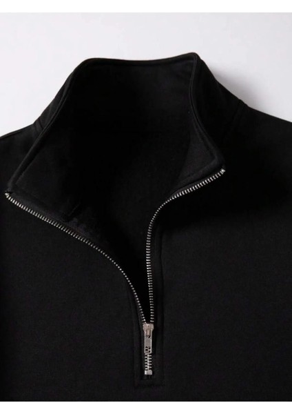 Unisex Dik Yaka Yarım Fermuarlı Oversize Sweatshirt